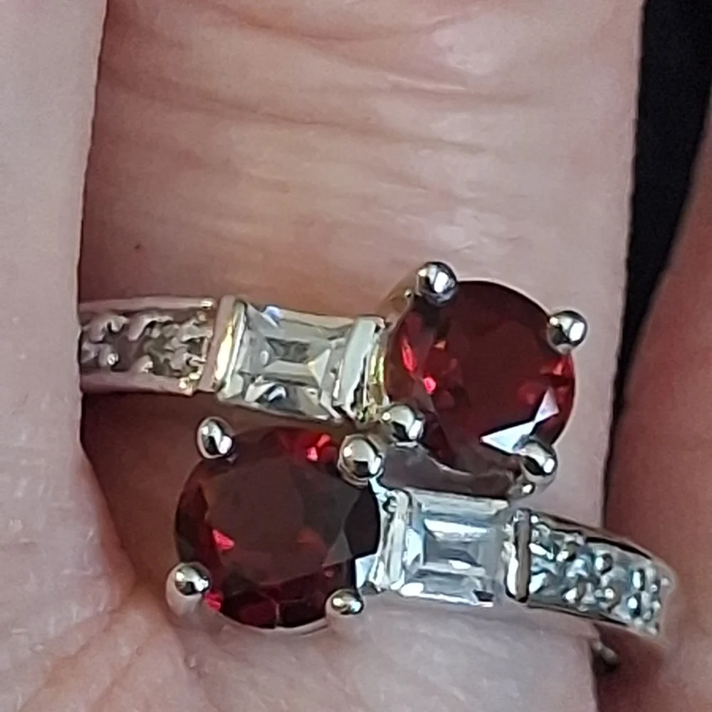 Sterling Silver Women's Ring With Faux Garnets And Faux Diamonds Size 10 3/4